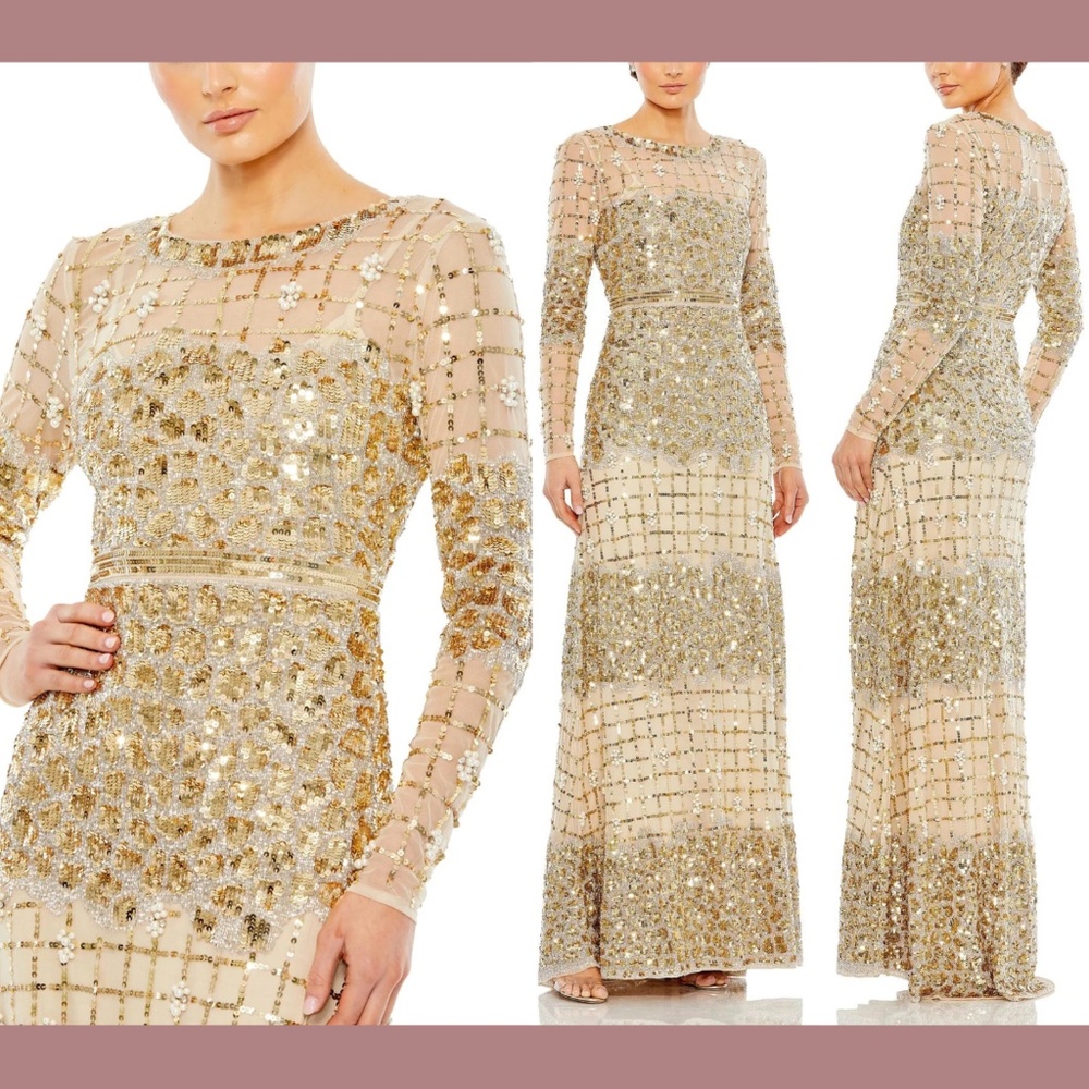 NWT $998 Mac Duggal [ 10 ] Embellished Illusion High Neck Long Sleeve‎ Gown Gold